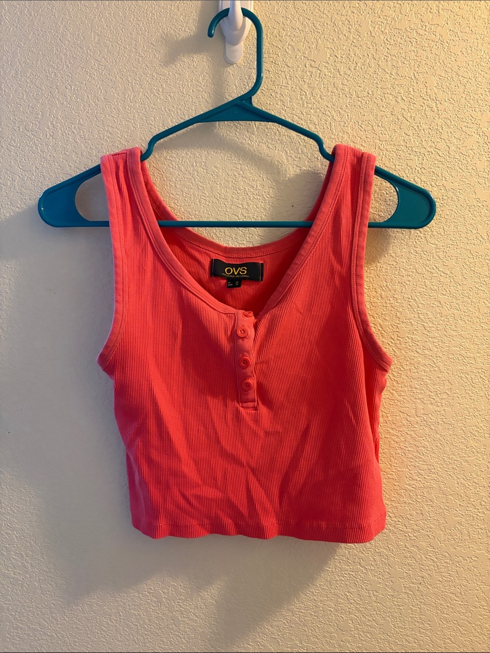 OVS Coral Ribbed Henley Crop Tank